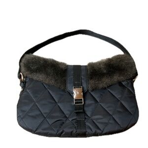 Bath & Body Works Black brown Quilted Shoulder Bag fur trim